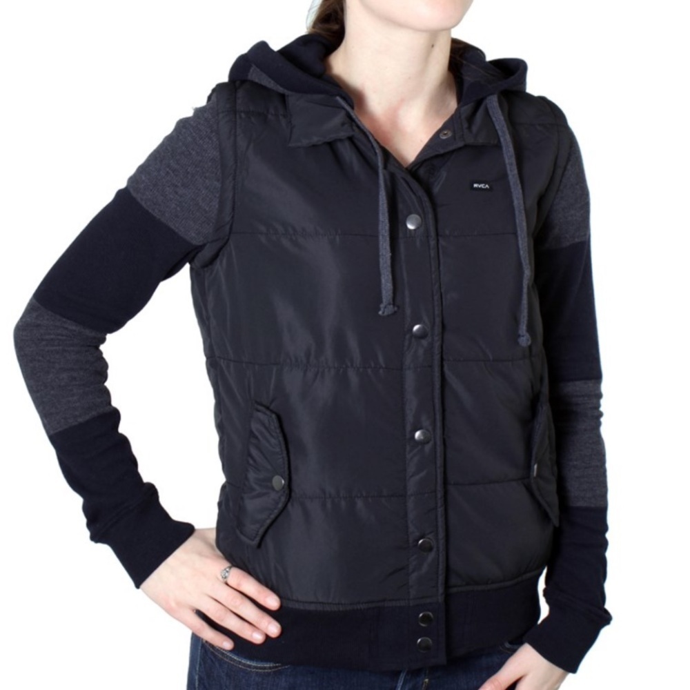 RVCA Black and Gray Thermal Puffer Vest Hoodie size Medium